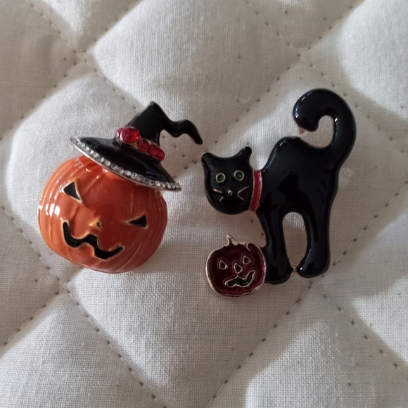 Halloween Pumpkin Or Black Cat Brooch Pin Austrian Crystal Enameled  New Choice - Picture 6 of 10